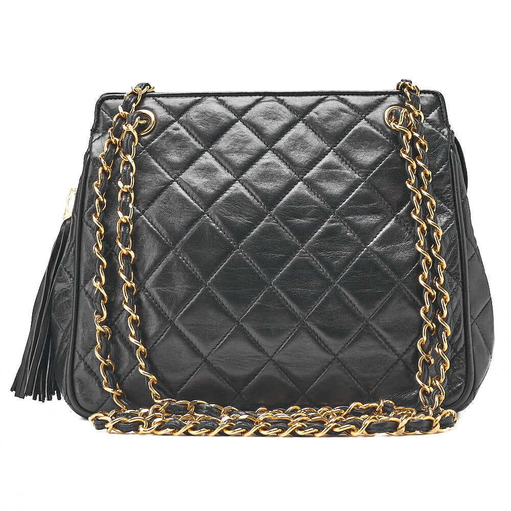 CHANEL Lambskin Matelasse Fringe Chain Shoulder Black Gold-Tone Hardware, Pre-Owned