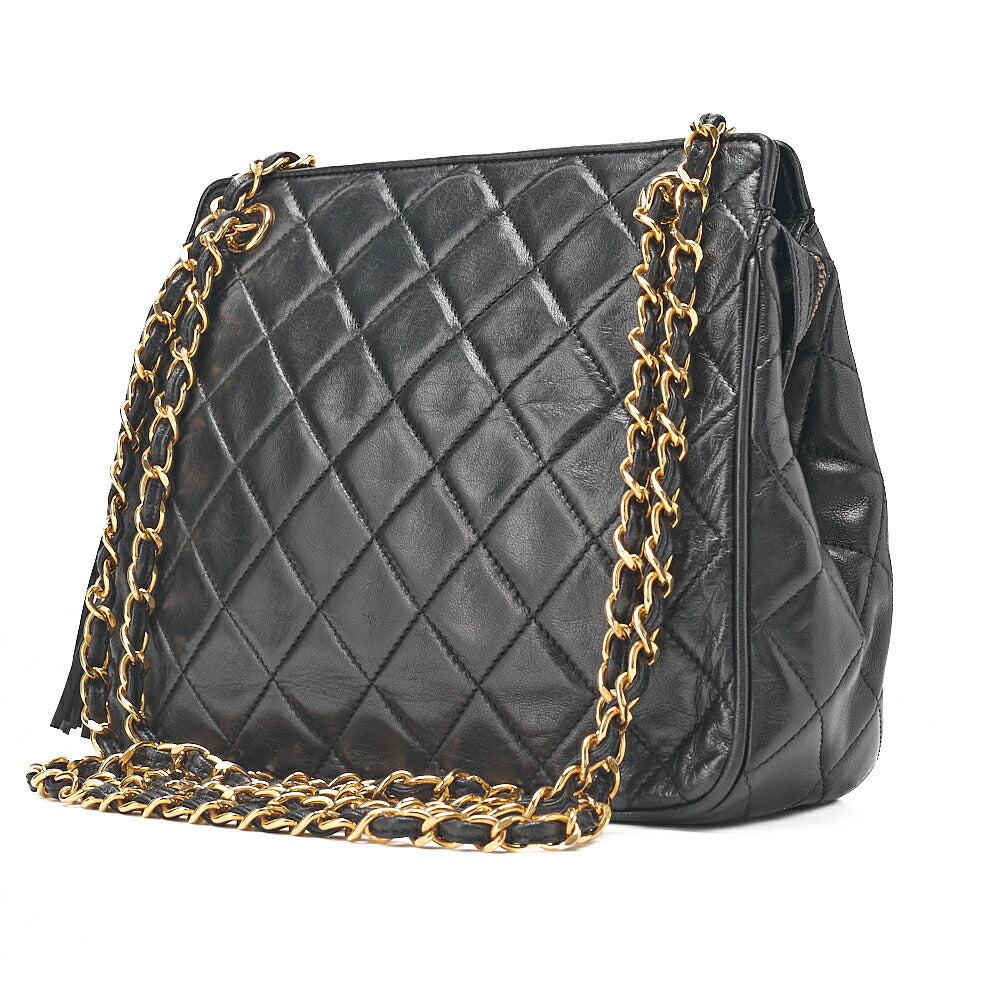 CHANEL Lambskin Matelasse Fringe Chain Shoulder Black Gold-Tone Hardware, Pre-Owned