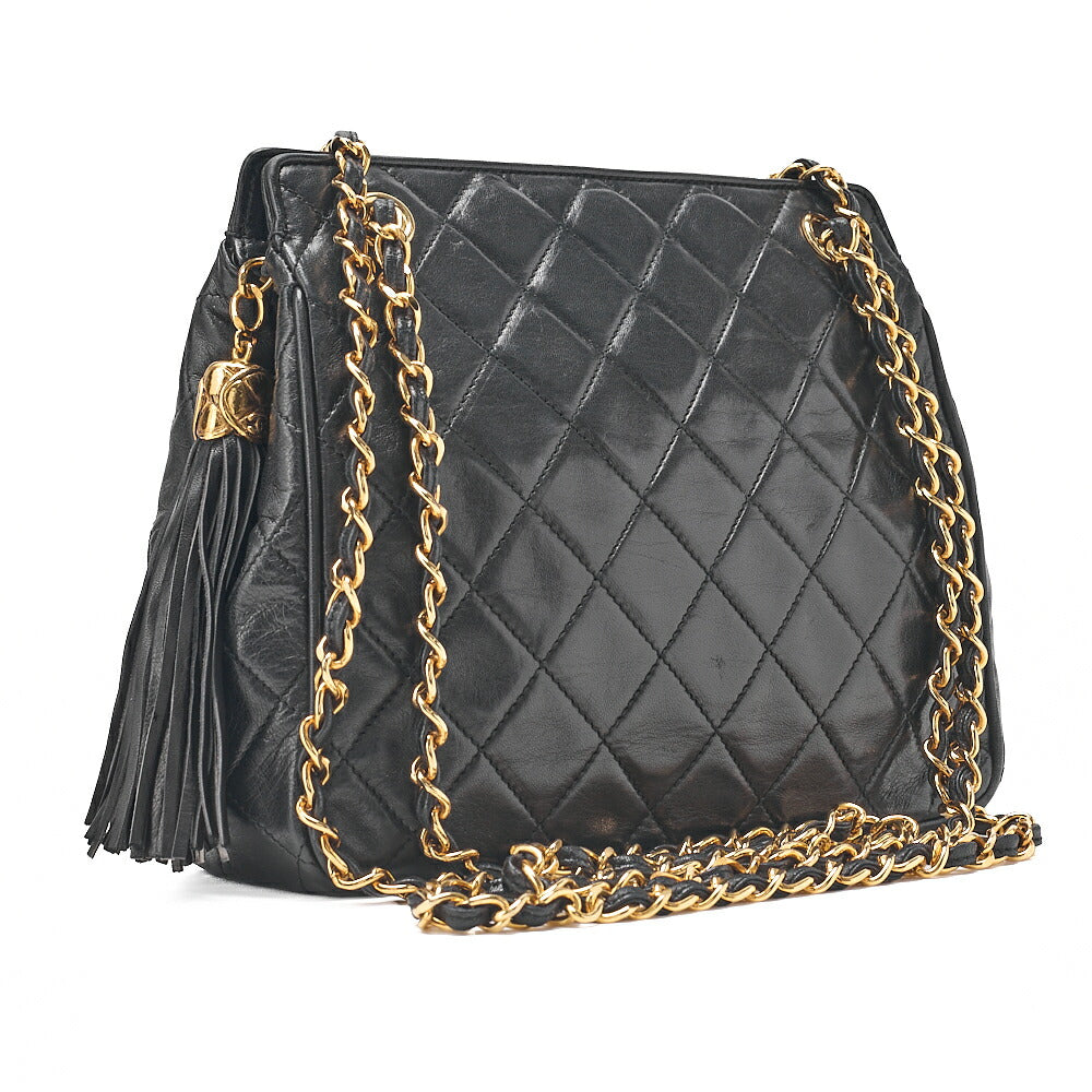 CHANEL Lambskin Matelasse Fringe Chain Shoulder Black Gold-Tone Hardware, Pre-Owned