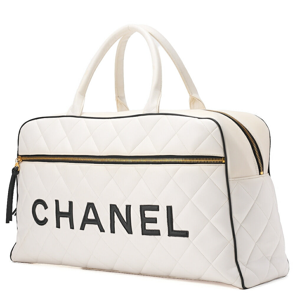 CHANEL Handbag Boston Bag Calfskin Matelasse Sports Line Logo White x Black Gold-Tone Hardware, Pre-Owned