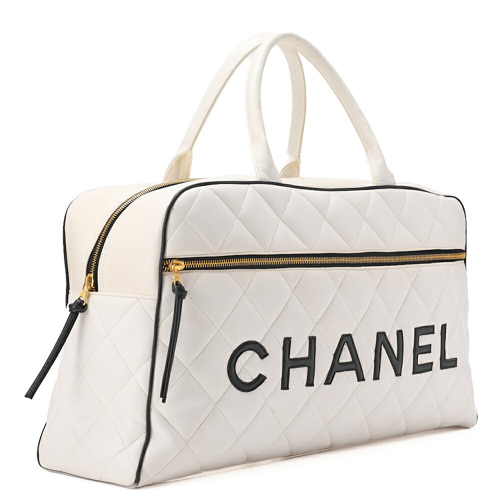CHANEL Handbag Boston Bag Calfskin Matelasse Sports Line Logo White x Black Gold-Tone Hardware, Pre-Owned