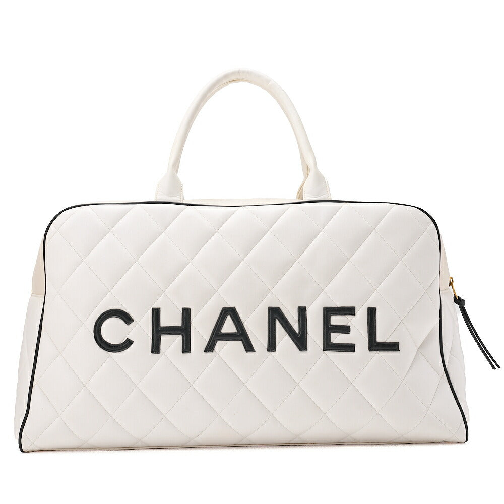 CHANEL Handbag Boston Bag Calfskin Matelasse Sports Line Logo White x Black Gold-Tone Hardware, Pre-Owned