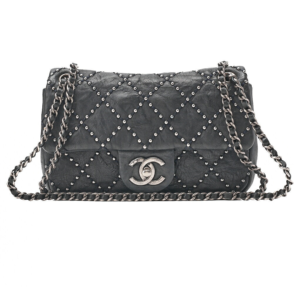 CHANEL Calfskin Studs Matelasse Single Flap Chain Shoulder Black Silver-Tone Hardware, Pre-Owned