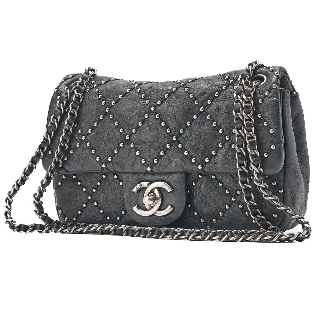 CHANEL Calfskin Studs Matelasse Single Flap Chain Shoulder Black Silver-Tone Hardware, Pre-Owned
