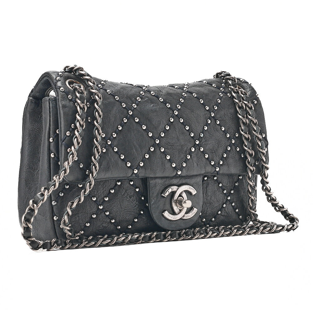 CHANEL Calfskin Studs Matelasse Single Flap Chain Shoulder Black Silver-Tone Hardware, Pre-Owned