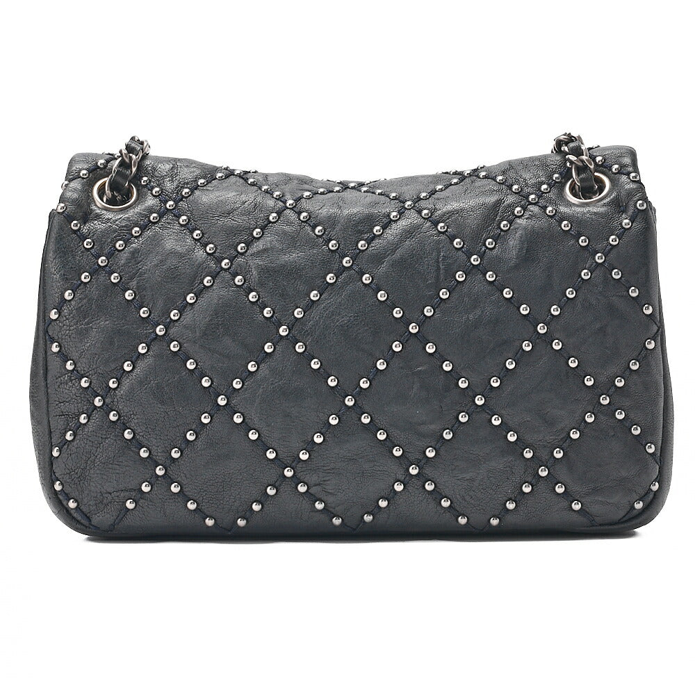 CHANEL Calfskin Studs Matelasse Single Flap Chain Shoulder Black Silver-Tone Hardware, Pre-Owned