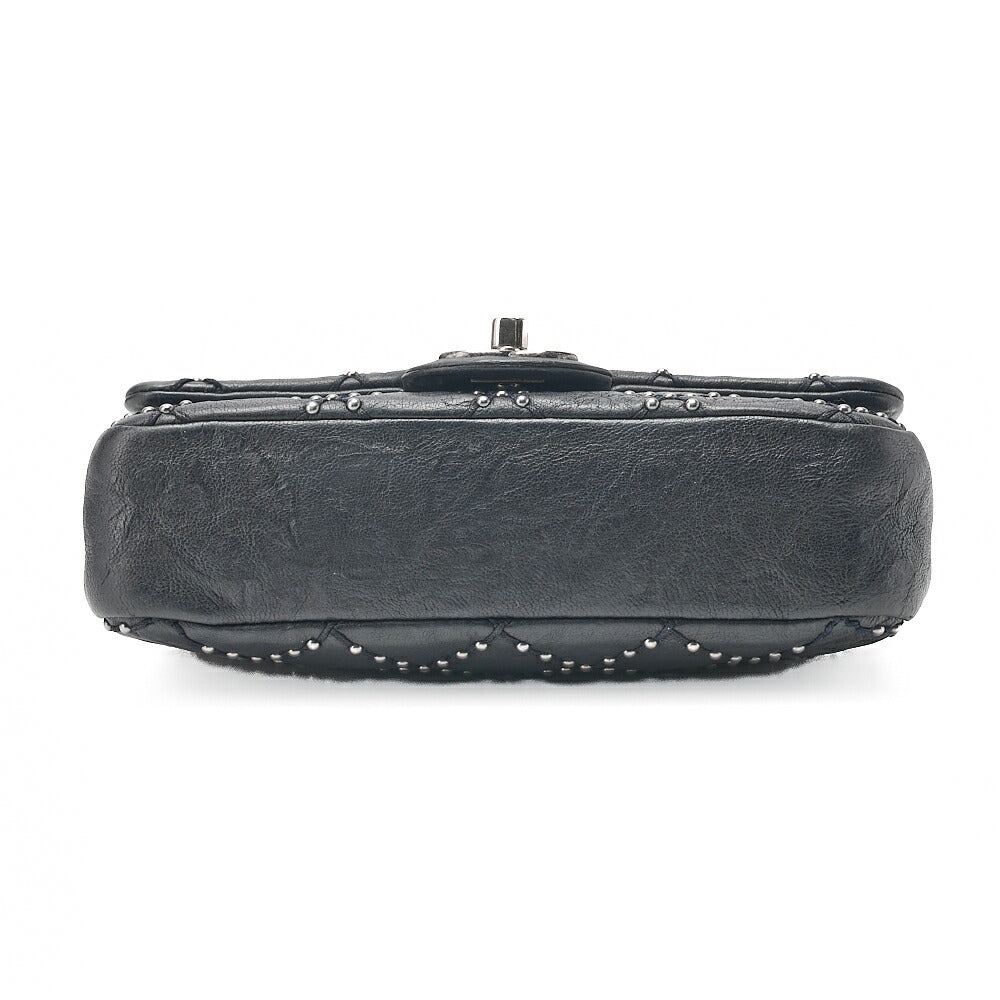 CHANEL Calfskin Studs Matelasse Single Flap Chain Shoulder Black Silver-Tone Hardware, Pre-Owned