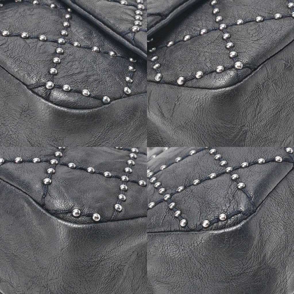 CHANEL Calfskin Studs Matelasse Single Flap Chain Shoulder Black Silver-Tone Hardware, Pre-Owned