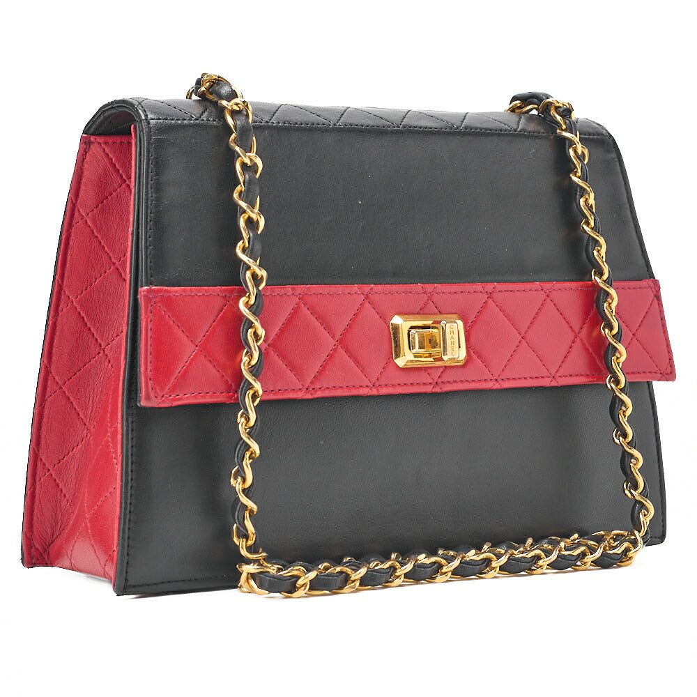 CHANEL Matelasse Trapezoidal 2.55 Lock Single Flap Chain Shoulder Lambskin Black x Red Gold-Tone Hardware, Pre-Owned