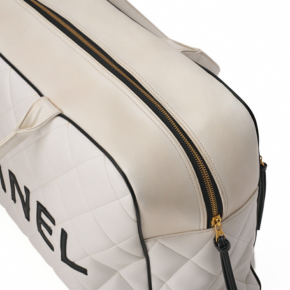 CHANEL Handbag Boston Bag Calfskin Matelasse Sports Line Logo White x Black Gold-Tone Hardware, Pre-Owned