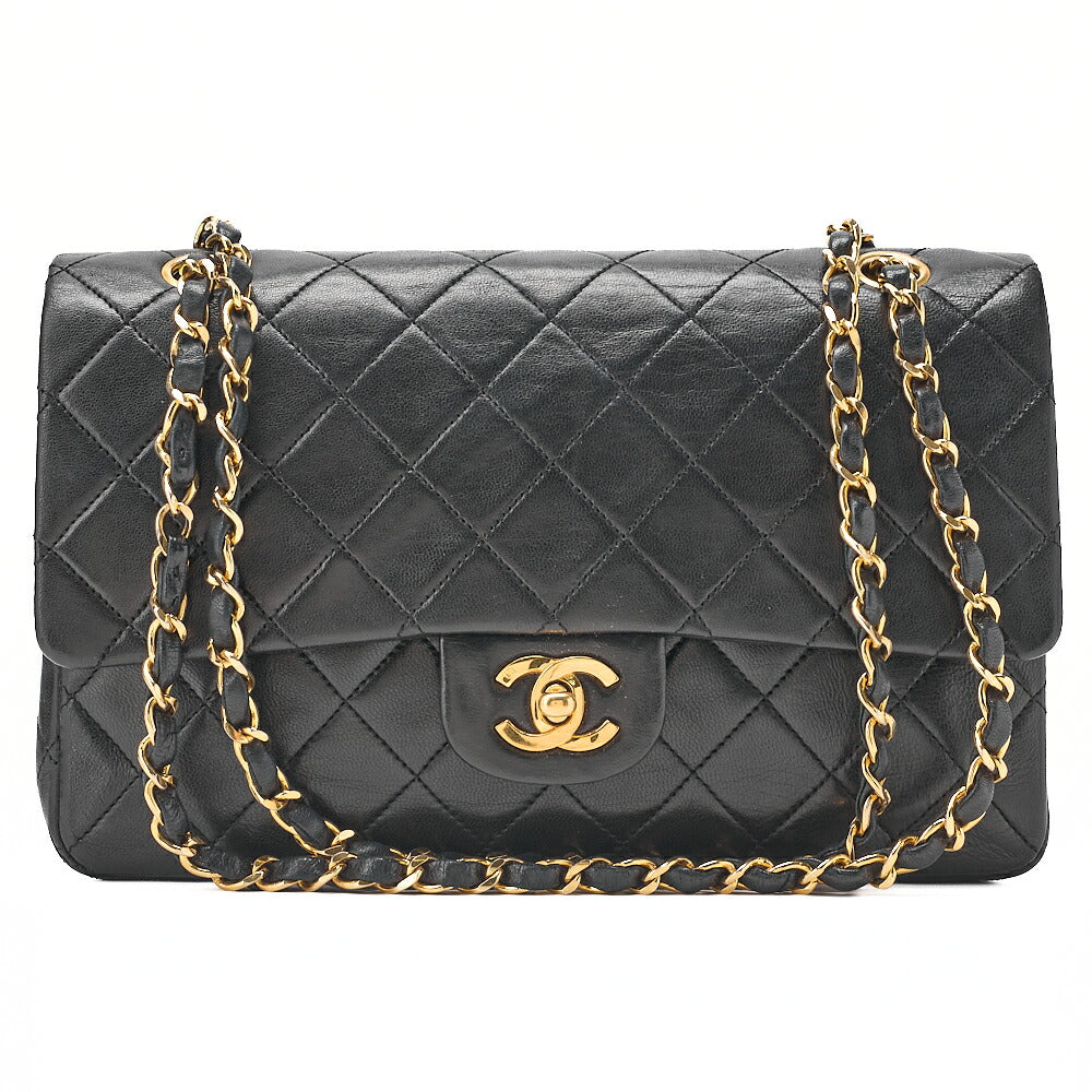 CHANEL Lambskin Matelasse Double Flap 25cm Chain Shoulder Black Gold-Tone Hardware, Pre-Owned