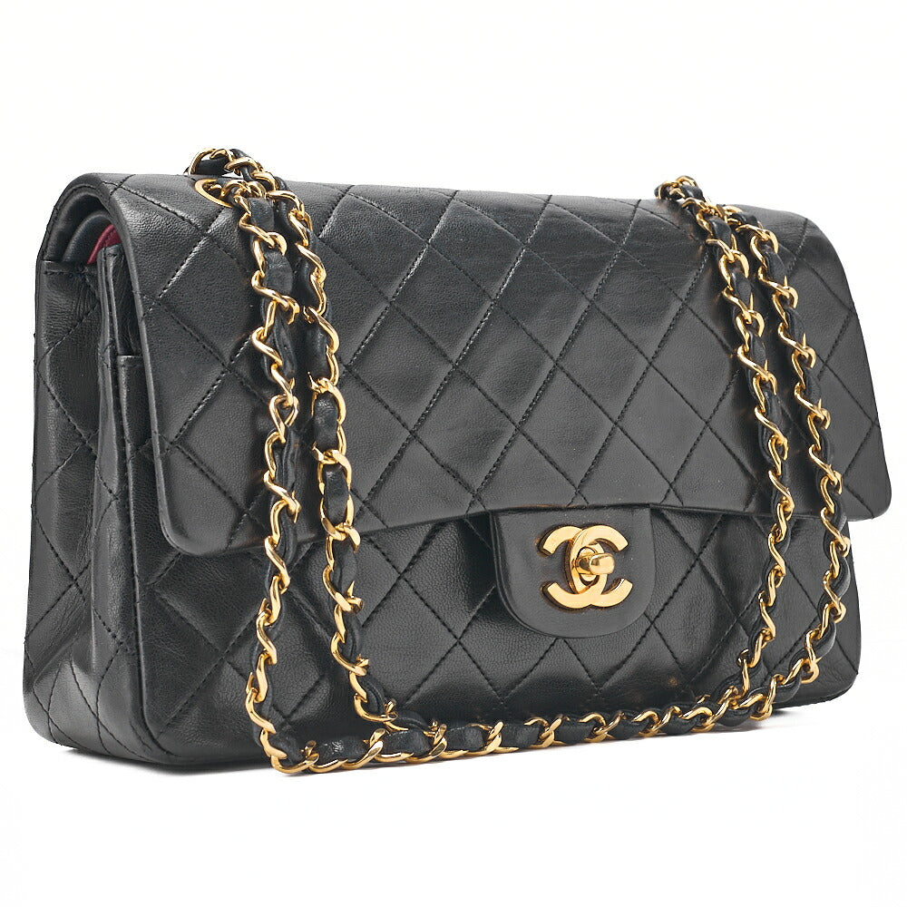 CHANEL Lambskin Matelasse Double Flap 25cm Chain Shoulder Black Gold-Tone Hardware, Pre-Owned
