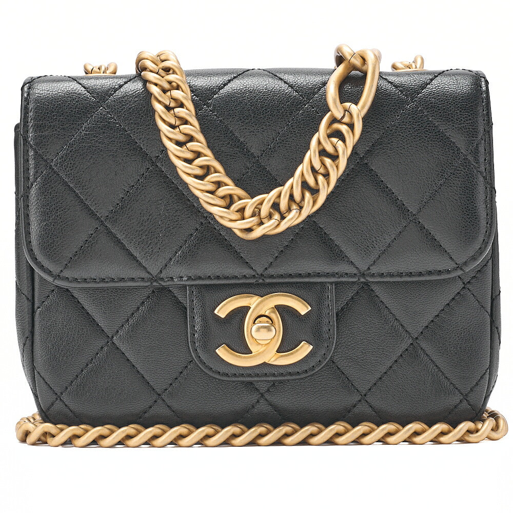 CHANEL Chain Shoulder Bag Mini Matelasse 17cm Calfskin Single Flap Turn Lock Black Gold-Tone Hardware, Pre-Owned