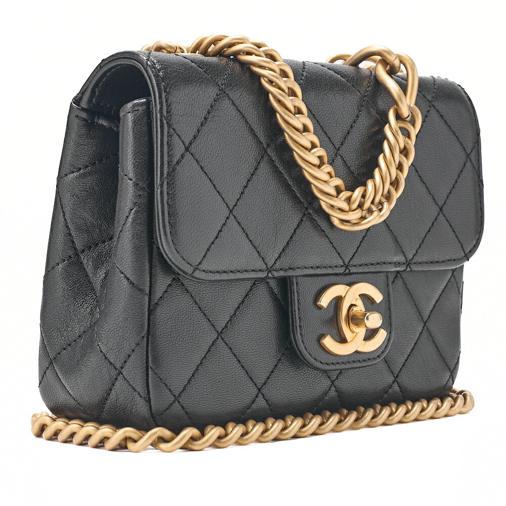 CHANEL Chain Shoulder Bag Mini Matelasse 17cm Calfskin Single Flap Turn Lock Black Gold-Tone Hardware, Pre-Owned