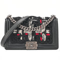 CHANEL Tweed X Lambskin Boy Chanel Braided Logo Mark Chain Shoulder Black Silver-Tone Hardware, Pre-Owned