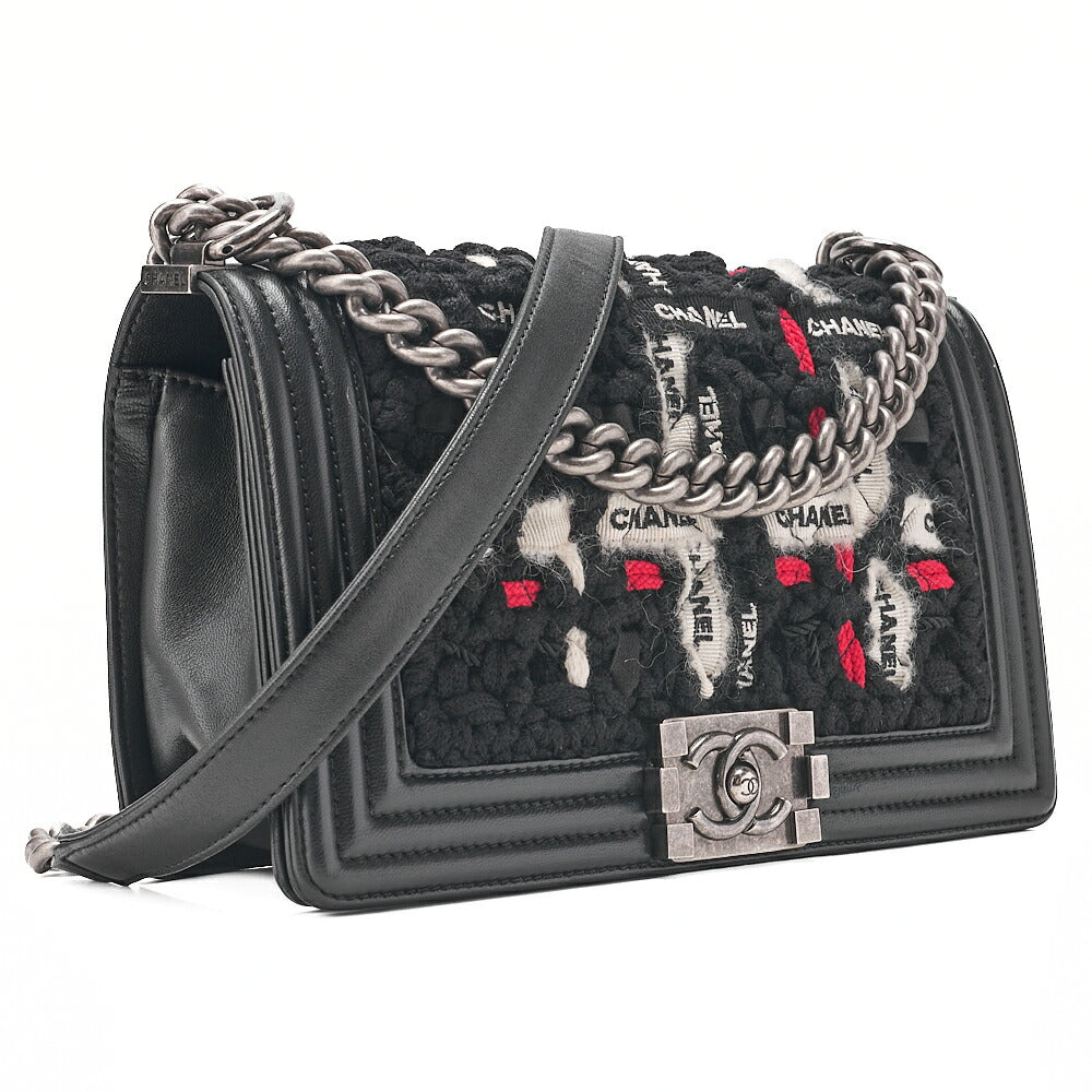 CHANEL Tweed X Lambskin Boy Chanel Braided Logo Mark Chain Shoulder Black Silver-Tone Hardware, Pre-Owned