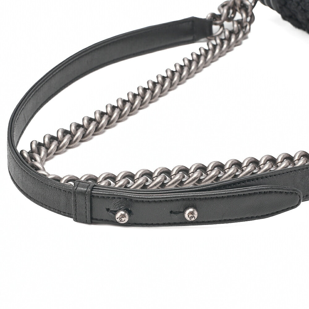 CHANEL Tweed X Lambskin Boy Chanel Braided Logo Mark Chain Shoulder Black Silver-Tone Hardware, Pre-Owned