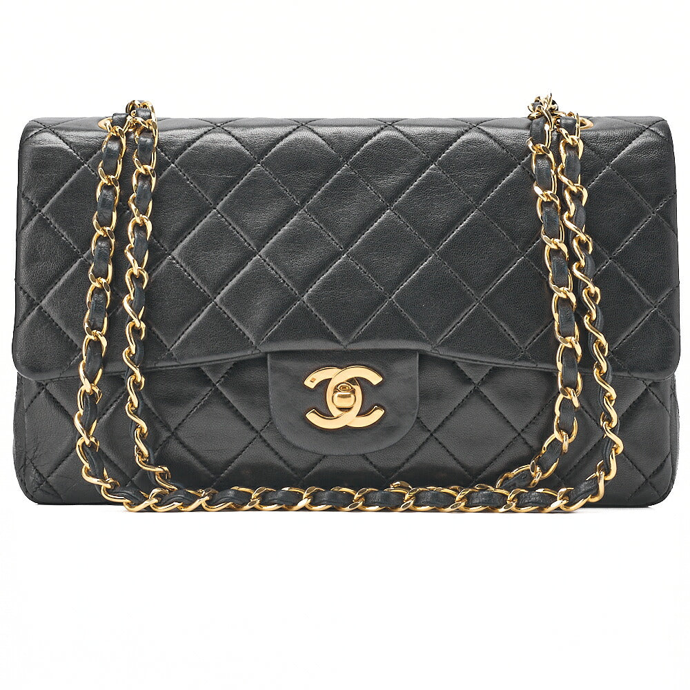 CHANEL Chain Shoulder Bag Matelasse Double Flap 25cm Lambskin Black Gold-Tone Hardware, Pre-Owned