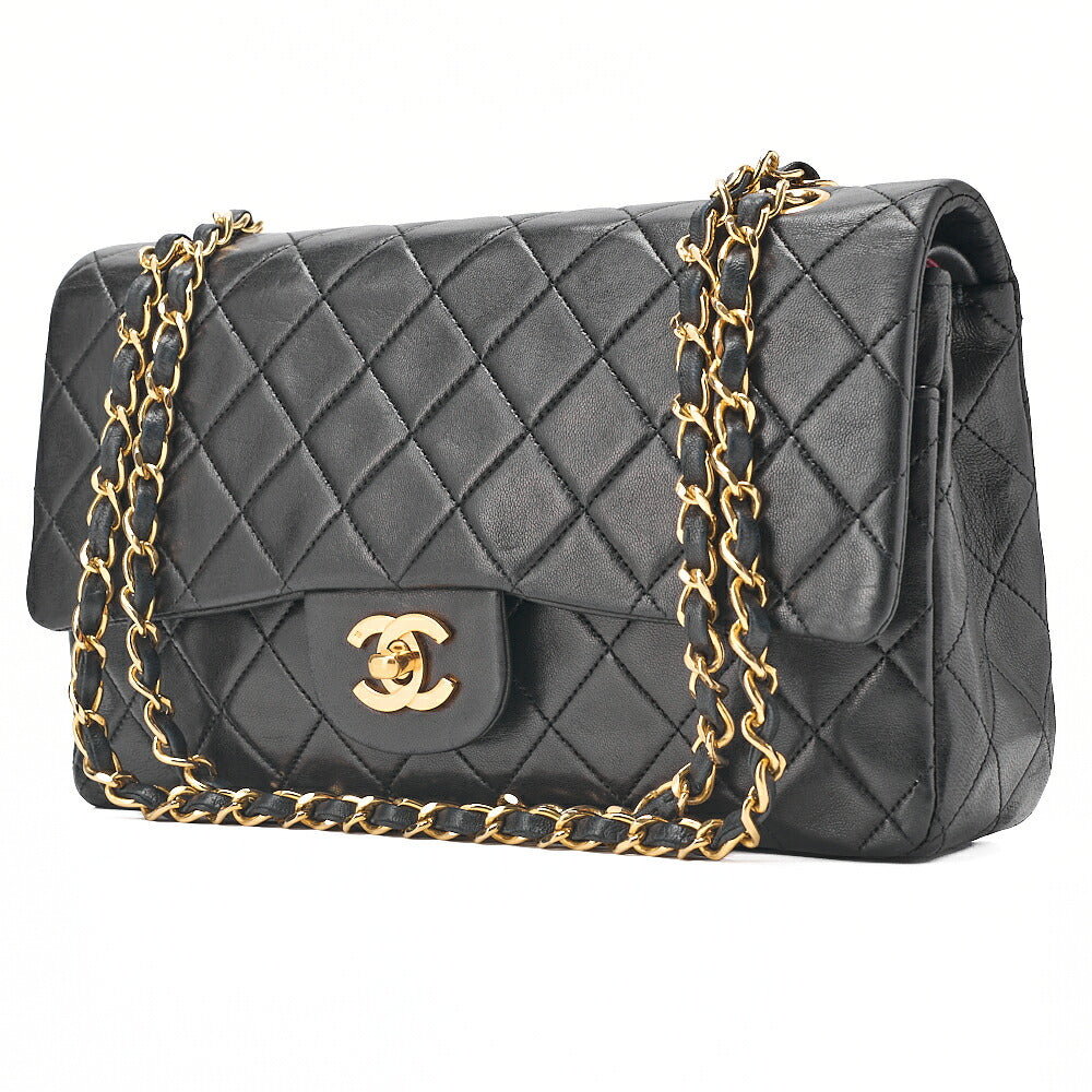 CHANEL Chain Shoulder Bag Matelasse Double Flap 25cm Lambskin Black Gold-Tone Hardware, Pre-Owned