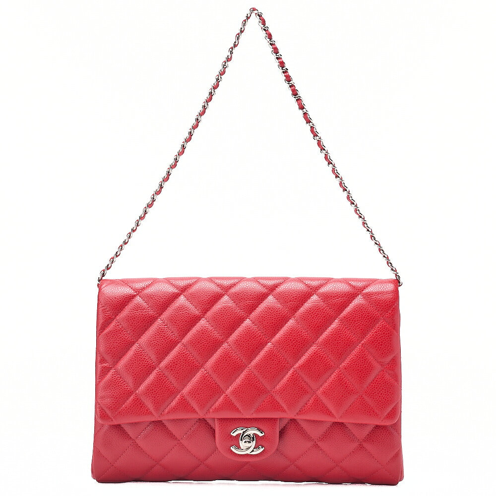 CHANEL Caviar Skin Matelasse Single Flap Chain Shoulder Red Silver-Tone Hardware, Pre-Owned