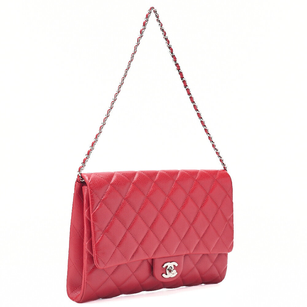 CHANEL Caviar Skin Matelasse Single Flap Chain Shoulder Red Silver-Tone Hardware, Pre-Owned