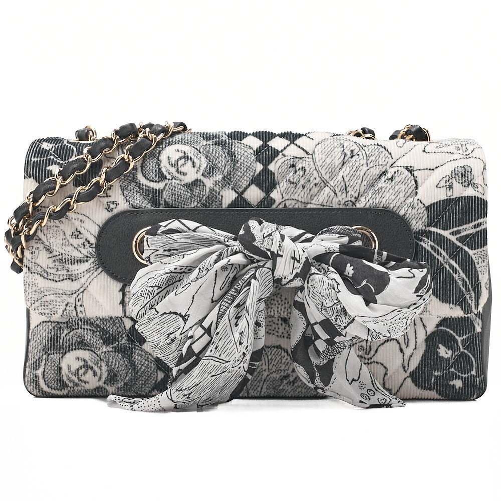 CHANEL Corduroy x Lambskin Camellia Line Chain Shoulder White x Black Gold-Tone Hardware, Pre-Owned