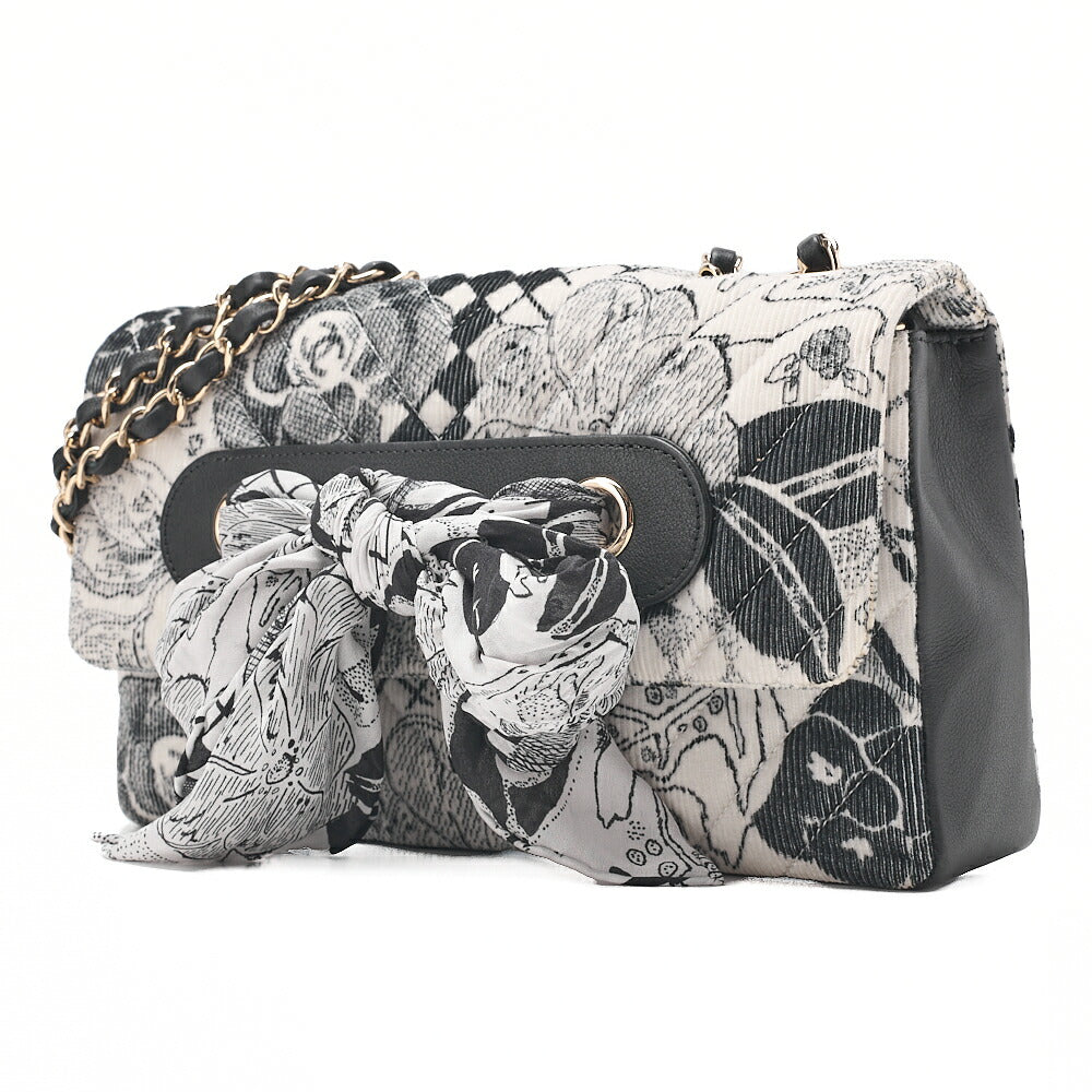 CHANEL Corduroy x Lambskin Camellia Line Chain Shoulder White x Black Gold-Tone Hardware, Pre-Owned