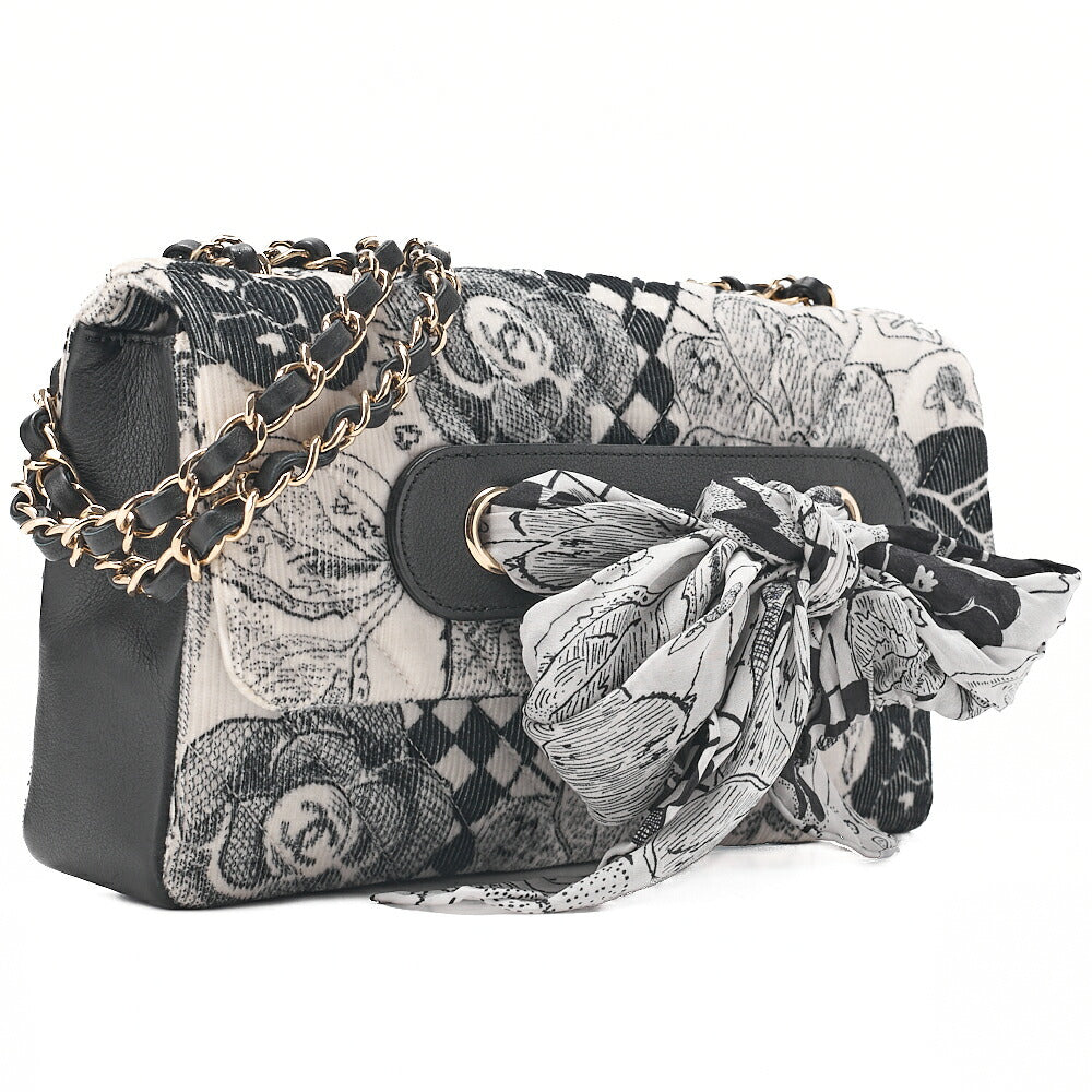 CHANEL Corduroy x Lambskin Camellia Line Chain Shoulder White x Black Gold-Tone Hardware, Pre-Owned