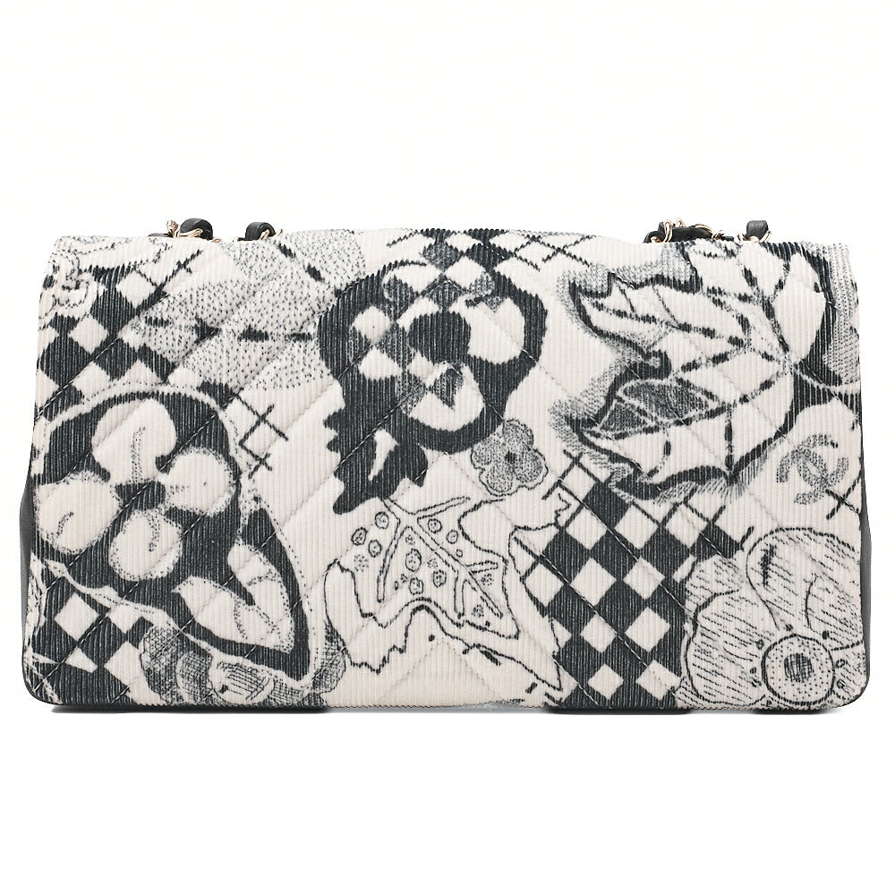 CHANEL Corduroy x Lambskin Camellia Line Chain Shoulder White x Black Gold-Tone Hardware, Pre-Owned