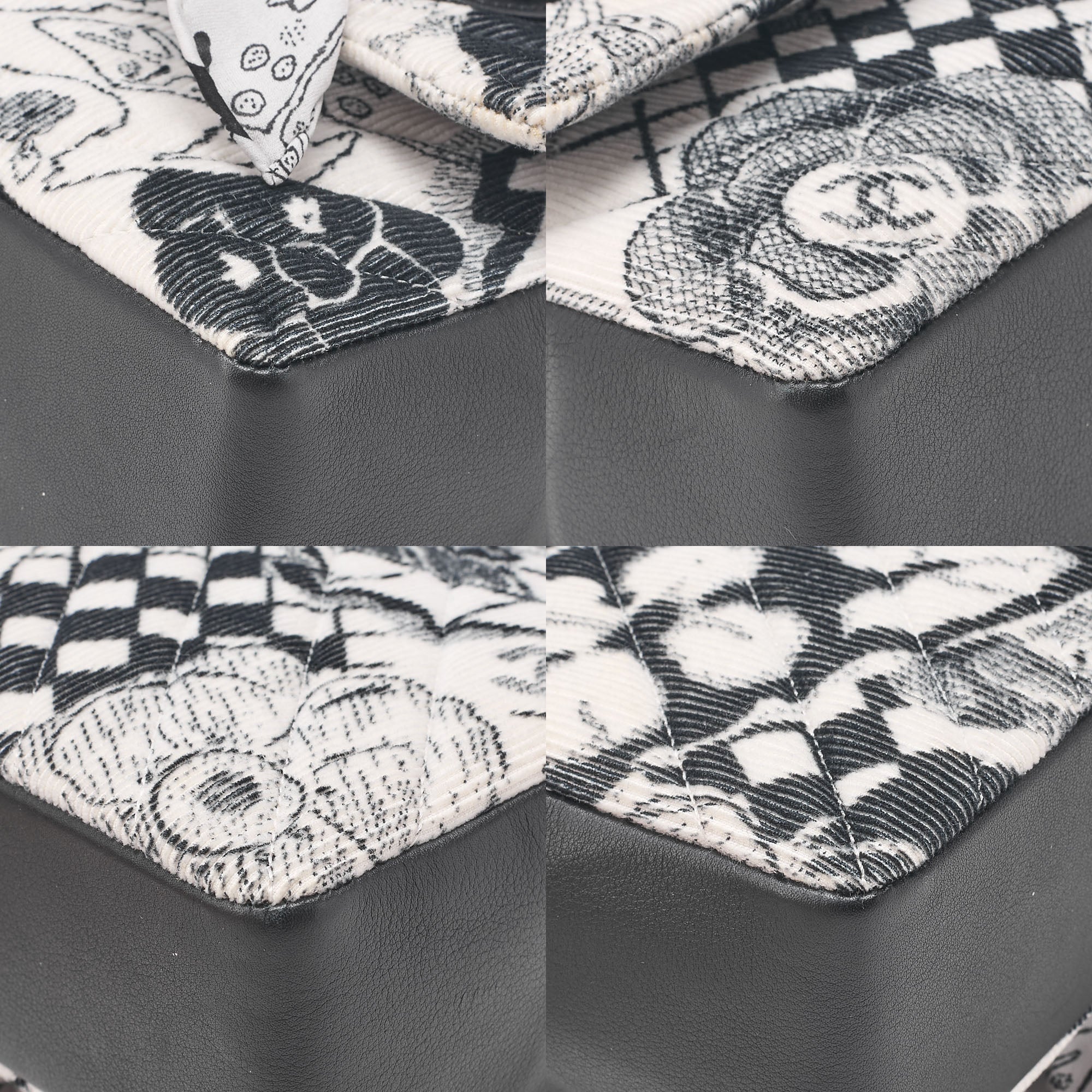 CHANEL Corduroy x Lambskin Camellia Line Chain Shoulder White x Black Gold-Tone Hardware, Pre-Owned