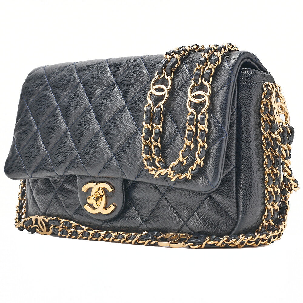 CHANEL Mini Matelasse Luxury Chain Shoulder Caviar Skin Navy Gold-Tone Hardware, Pre-Owned