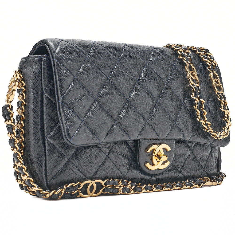 CHANEL Mini Matelasse Luxury Chain Shoulder Caviar Skin Navy Gold-Tone Hardware, Pre-Owned