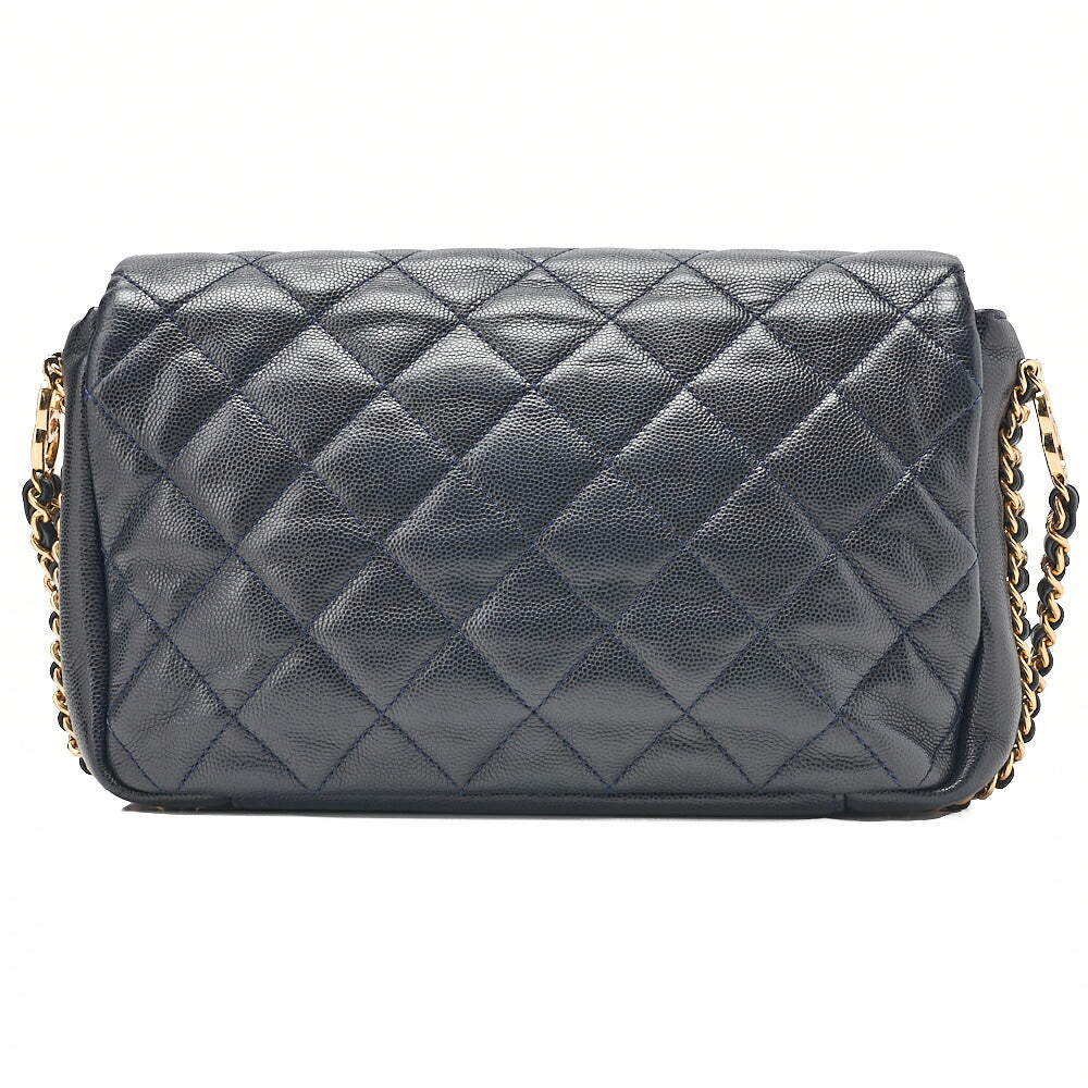 CHANEL Mini Matelasse Luxury Chain Shoulder Caviar Skin Navy Gold-Tone Hardware, Pre-Owned