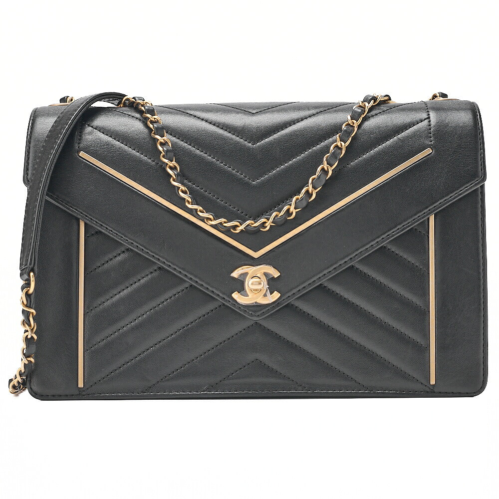 CHANEL Lambskin V-Stitch Chevron Chain Shoulder Turn Lock Black Gold-Tone Hardware, Pre-Owned