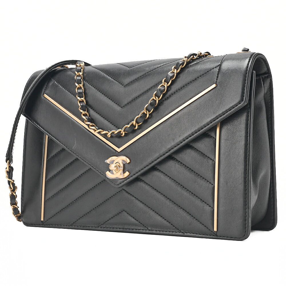 CHANEL Lambskin V-Stitch Chevron Chain Shoulder Turn Lock Black Gold-Tone Hardware, Pre-Owned