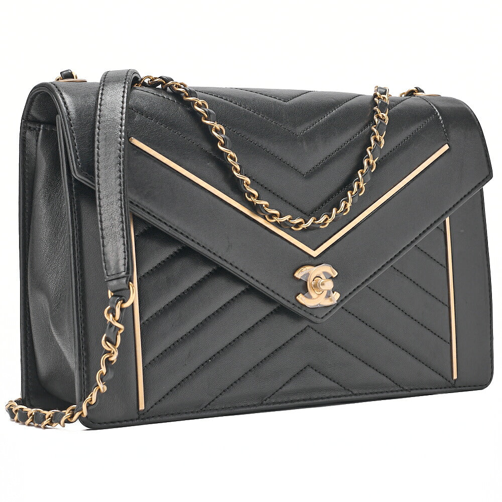 CHANEL Lambskin V-Stitch Chevron Chain Shoulder Turn Lock Black Gold-Tone Hardware, Pre-Owned