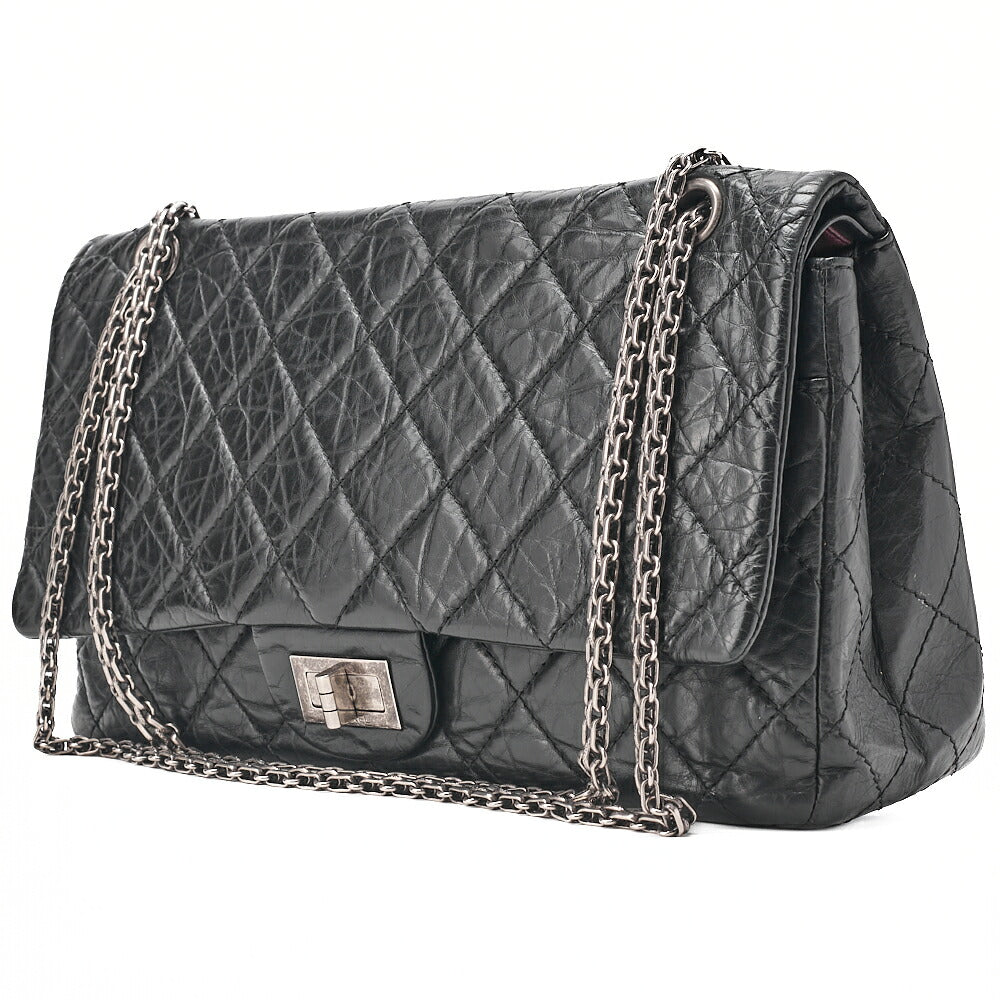 CHANEL 2.55 Chain Shoulder Bag Matelasse Double Flap Vintage Calf Black Silver-Tone Hardware, Pre-Owned