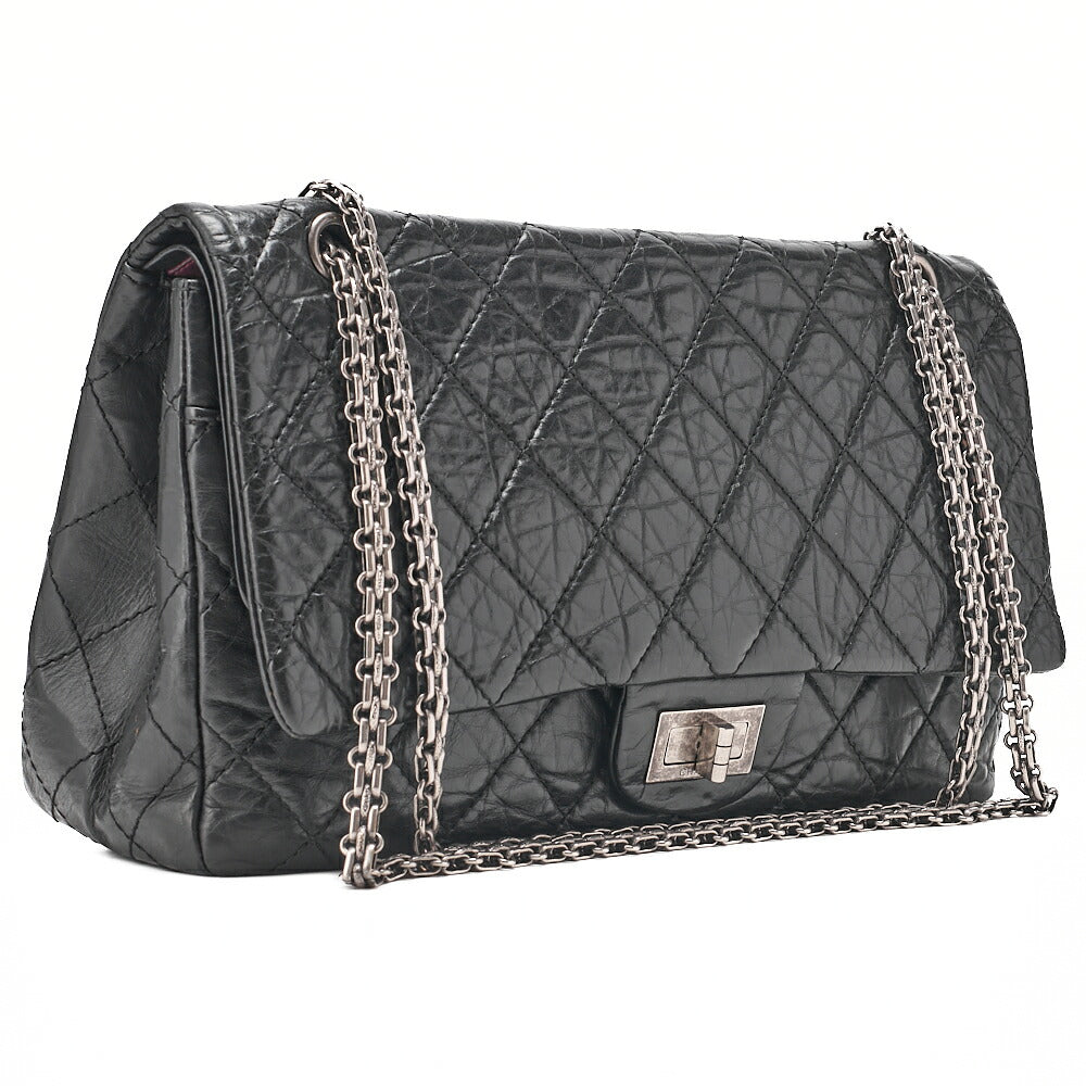 CHANEL 2.55 Chain Shoulder Bag Matelasse Double Flap Vintage Calf Black Silver-Tone Hardware, Pre-Owned