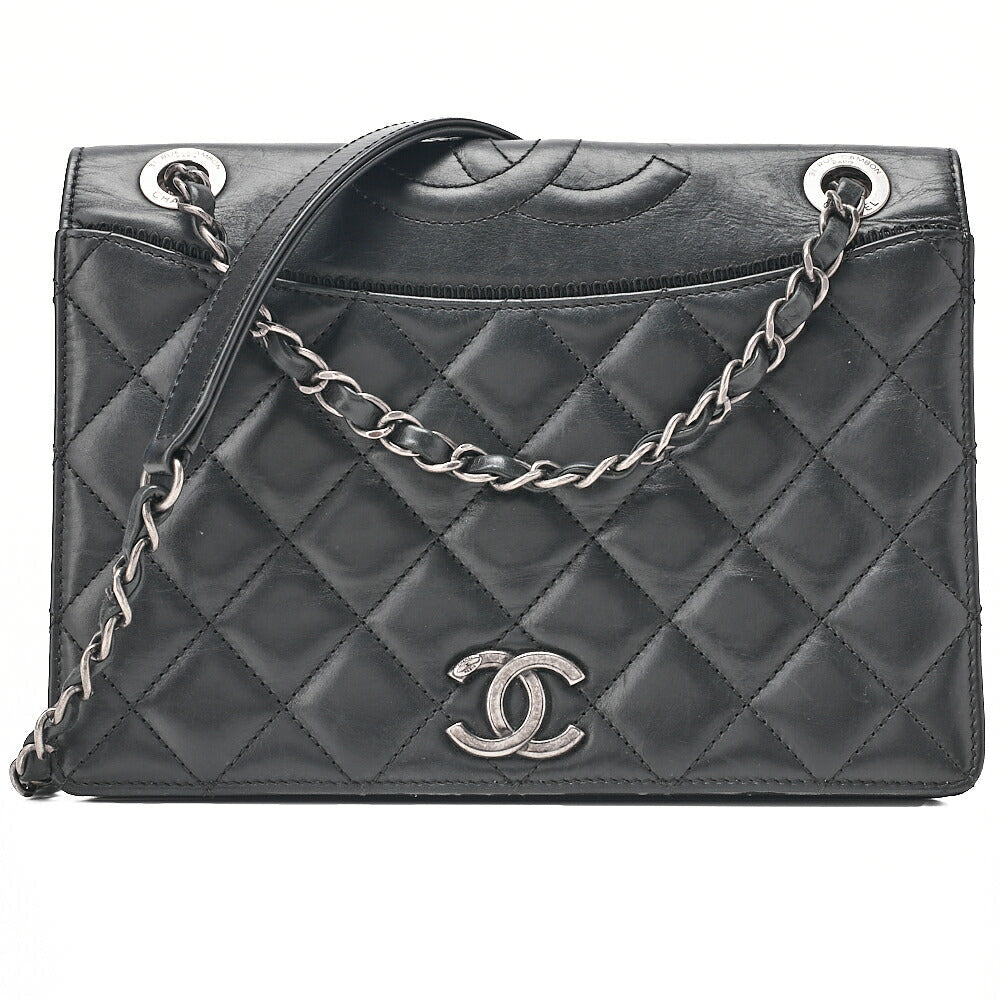 CHANEL Vintage Calf Matelasse Top Coco Mark Full Flap Chain Shoulder Black Silver-Tone Hardware, Pre-Owned