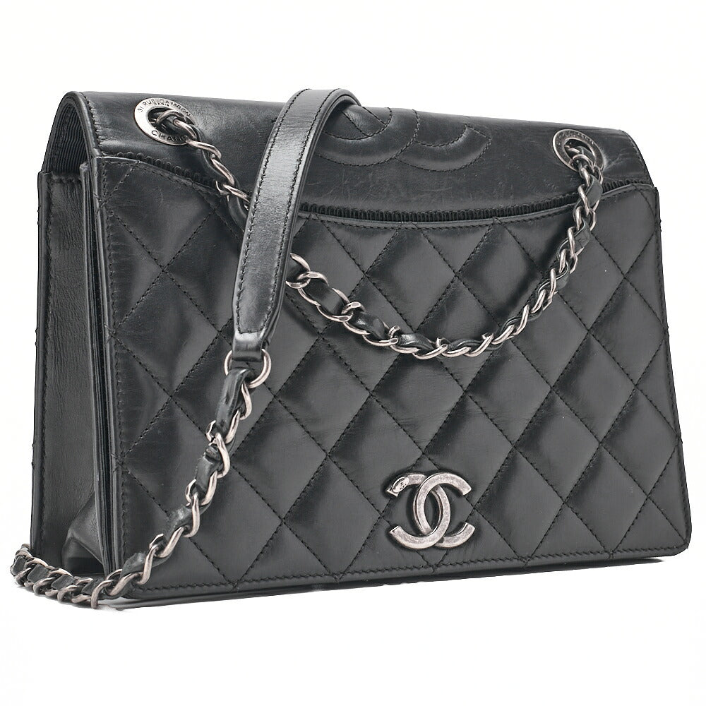 CHANEL Vintage Calf Matelasse Top Coco Mark Full Flap Chain Shoulder Black Silver-Tone Hardware, Pre-Owned