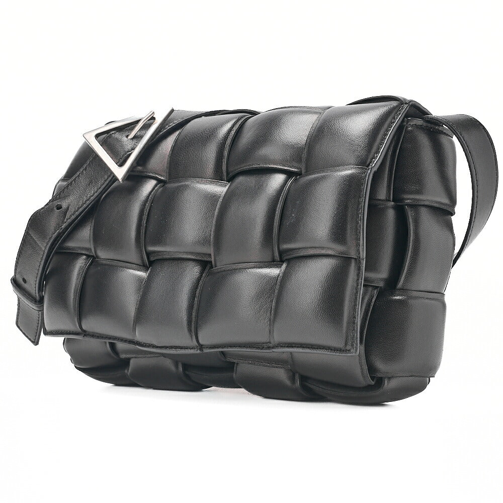 BOTTEGA VENETA Bottega Intrecciato Lambskin Padded Cassette Shoulder Bag Black Silver-Tone Hardware, Pre-Owned