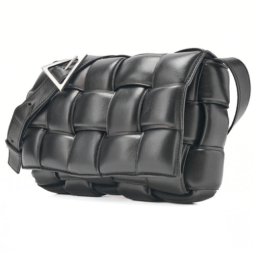 BOTTEGA VENETA Bottega Intrecciato Lambskin Padded Cassette Shoulder Bag Black Silver-Tone Hardware, Pre-Owned