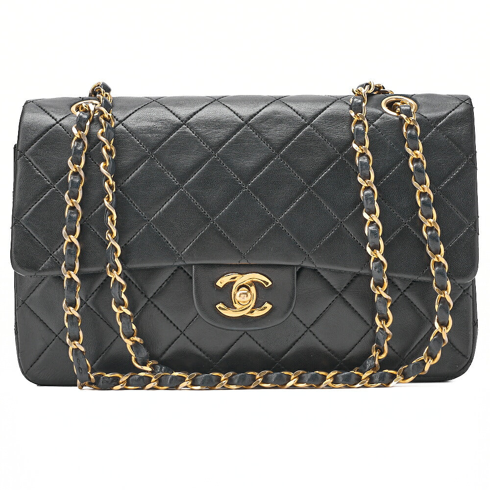 CHANEL Lambskin Matelasse Double Flap 25cm Chain Shoulder Black Gold-Tone Hardware, Pre-Owned