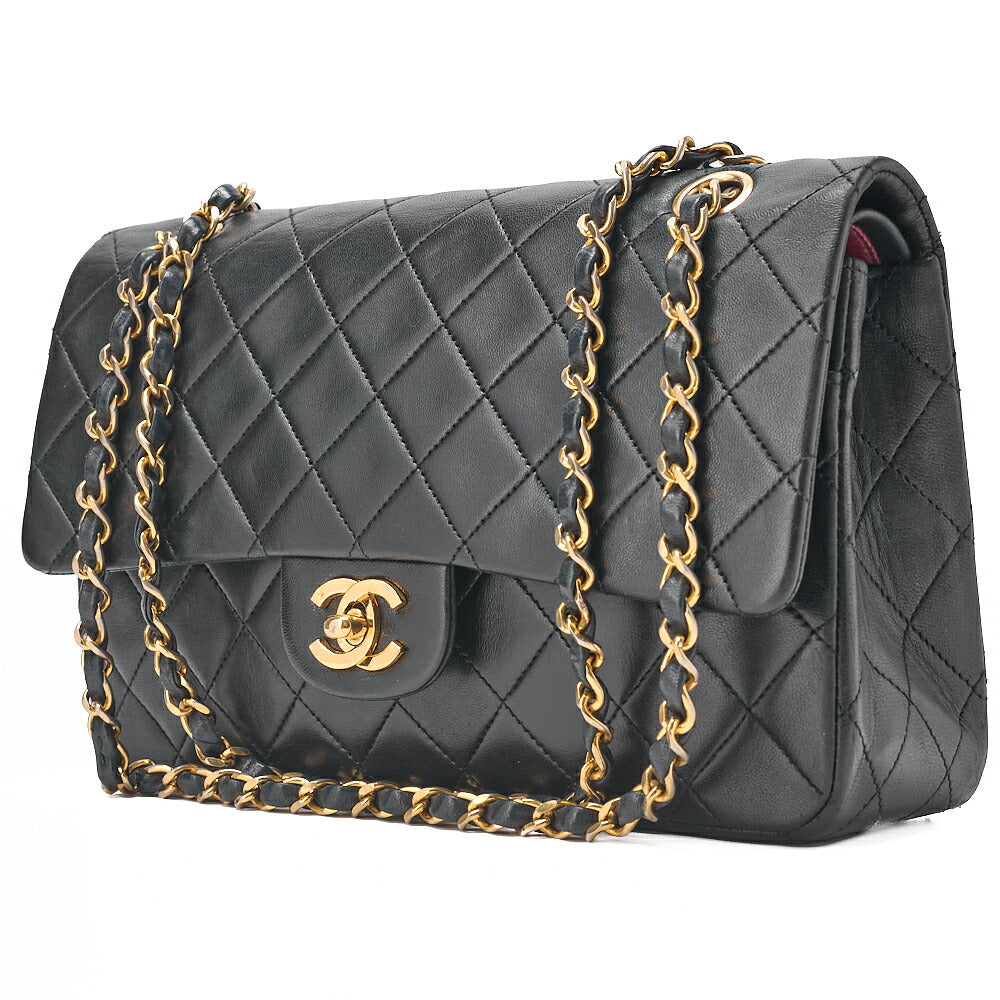 CHANEL Lambskin Matelasse Double Flap 25cm Chain Shoulder Black Gold-Tone Hardware, Pre-Owned