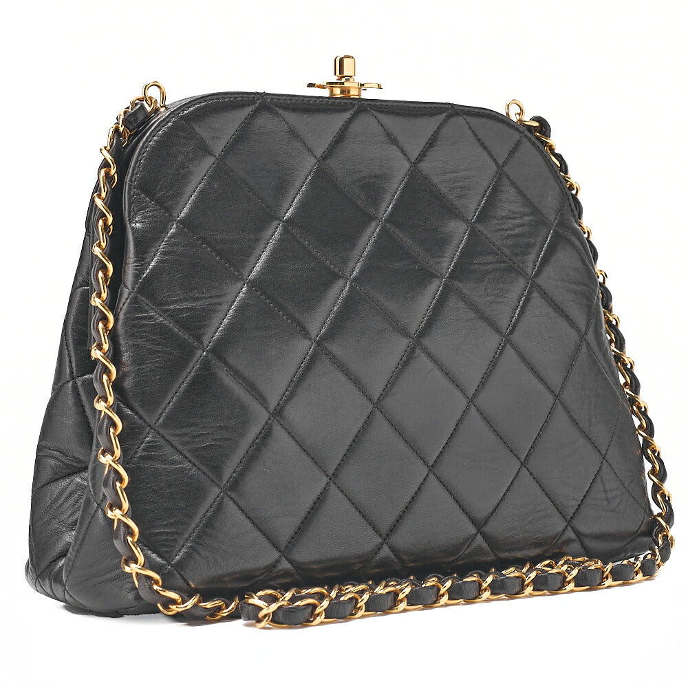 CHANEL Lambskin Matelasse Coco Mark Kiss Clasp Chain Shoulder Black Gold-Tone Hardware, Pre-Owned