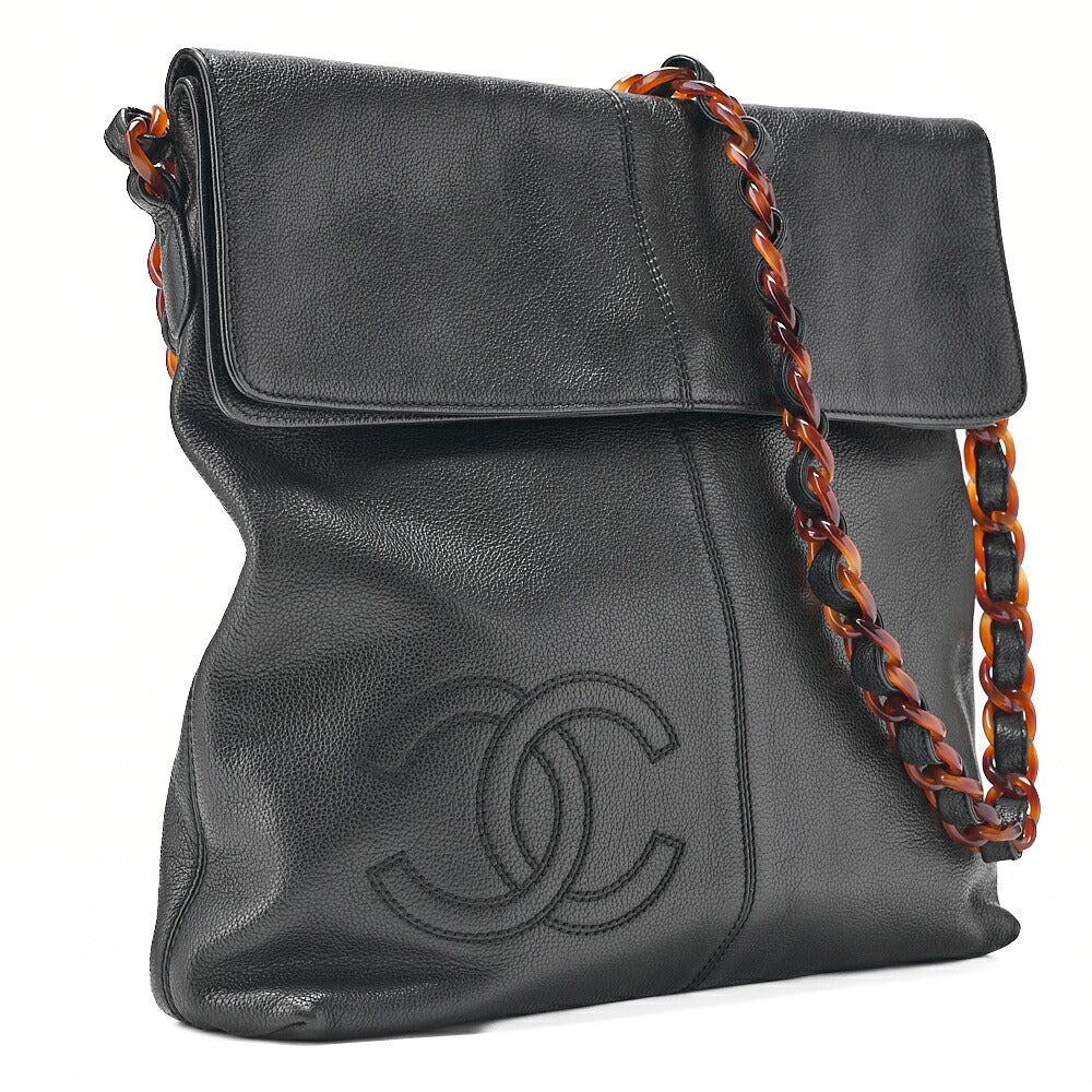 CHANEL Tote Bag Coco Mark Tortoiseshell Pattern Caviar Skin Black Gold-Tone Hardware, Pre-Owned