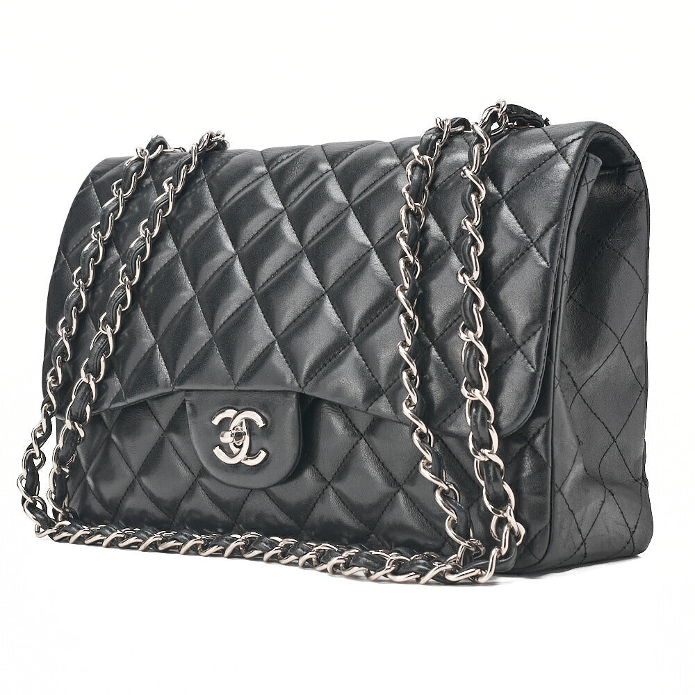 CHANEL Deka Matelasse 30 Turn Lock Chain Shoulder Bag Lambskin Black Silver-Tone Hardware, Pre-Owned