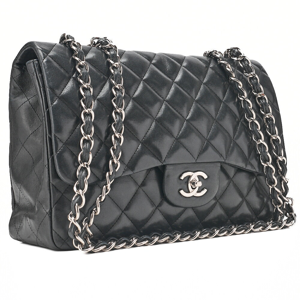 CHANEL Deka Matelasse 30 Turn Lock Chain Shoulder Bag Lambskin Black Silver-Tone Hardware, Pre-Owned