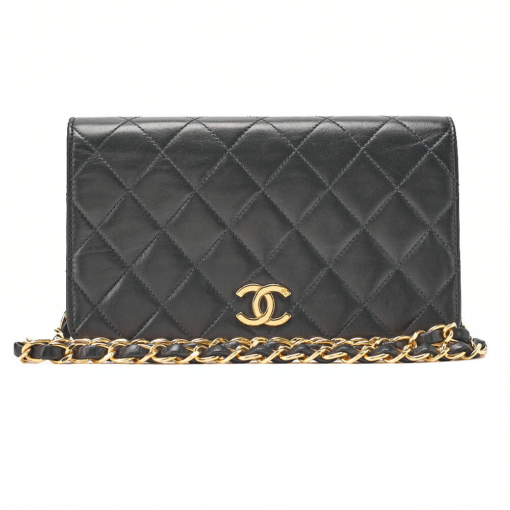 CHANEL Lambskin Matelasse Full Flap 19cm Push Lock Chain Shoulder Black Gold-Tone Hardware, Pre-Owned
