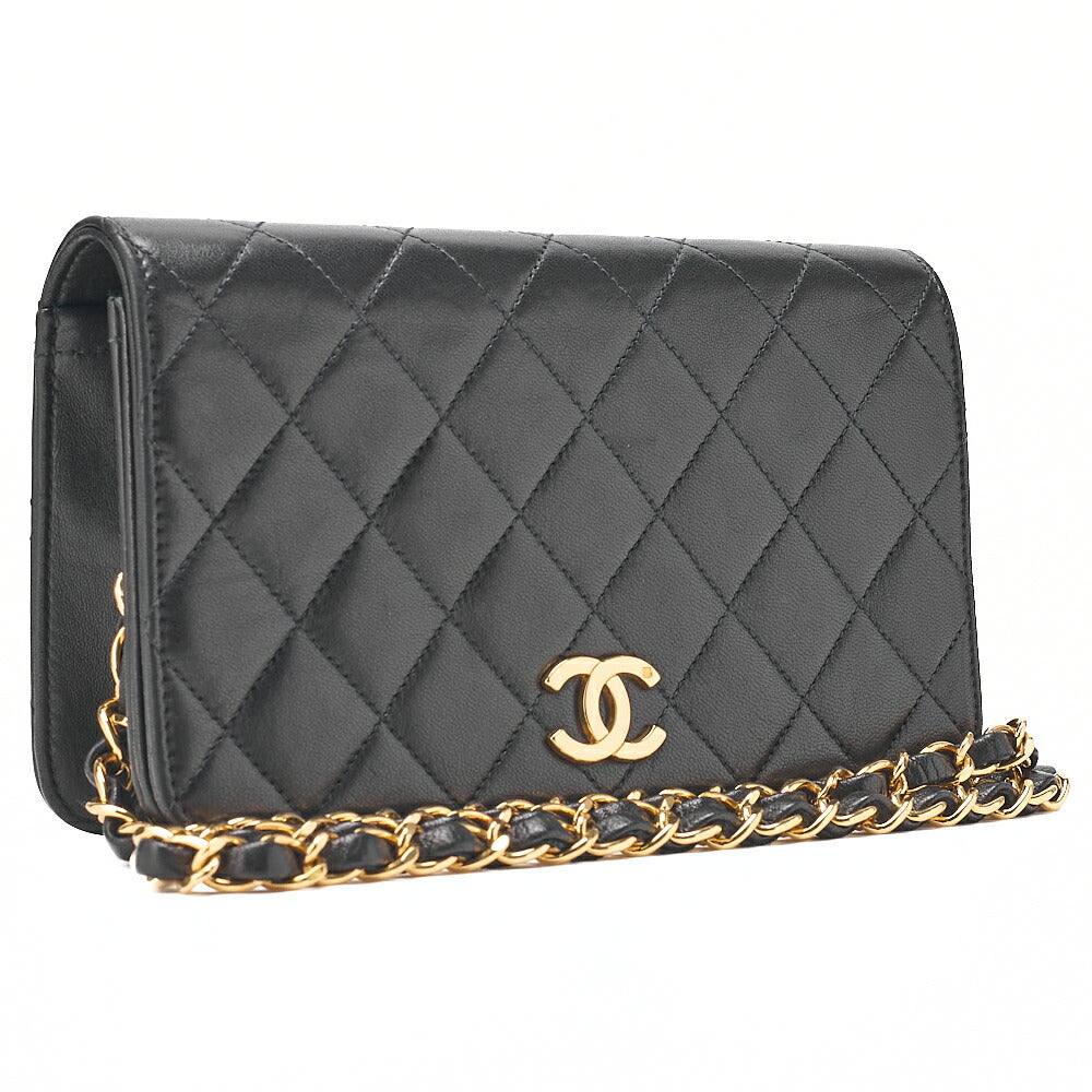 CHANEL Lambskin Matelasse Full Flap 19cm Push Lock Chain Shoulder Black Gold-Tone Hardware, Pre-Owned